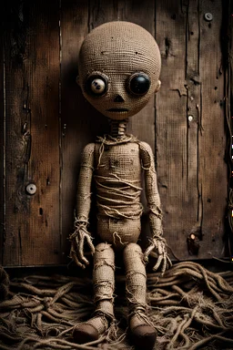 creepy sad burlap doll, body made of dirty, holey burlap, burlap has a big head, one eye is hanging by a thread and there are stitches on the body and head. very thin with two arms and two legs, sitting in the corner of his dirty room in a dilapidated house, dimly lit, detailed, thriller, creepy stunning