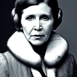 actress carrie fisher with symmetrical short hair, fur coat, 17th century, insanely detailed, 16k resolution, perfect eyes, round pupil, cinematic smooth, intricate detail, painted Renaissance style