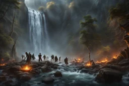 skeletons, zombies, banshees, wraiths and ghosts killing humans at the foot of a 3.000 feet high waterfall. fantasy setting, horror. exquisite realism, a masterpiece, fantasy concept art, dynamic lighting, hyperdetailed, intricately detailed, deep color, Unreal Engine, volumetric lighting, Epic cinematic brilliant stunning intricate meticulously detailed dramatic atmospheric maximalist digital matte painting