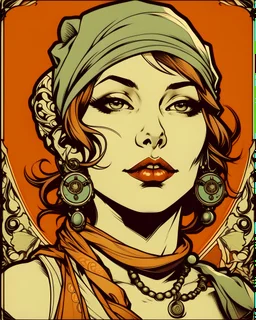 "alphonse mucha style graphic showing tina turna wearing a bandana across her face, dressed like a gangsta girl, with tattoos"