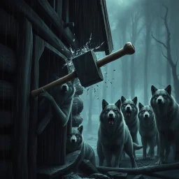one large hammer breaks the wall of the wooden house. A group of anthropomorphic wolves react in surprise in the background other anthropomorphic wolves watch the scene unfold with expressions of shock and with surprise faces. high realistic, detailed,dark fantasy mood, rain, cinematic