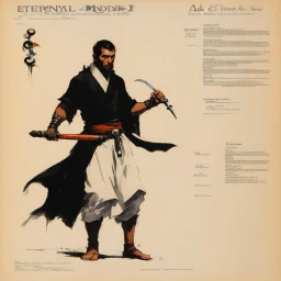 ConceptSheet: eternal monk and his nunchaku with AD&D statistics [by frank frazetta]