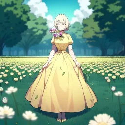 anime girl holding on to a dried dandelion flower and blowing the dried seeds into the air as the wind carries them away. outdoors scene.anime girl standing in a meadow of flowers. thw wind is blowing flower pedals into the wind. girl wearing yellow dress. more emphasis on seeds floating in the air. lots of seeds floating the air