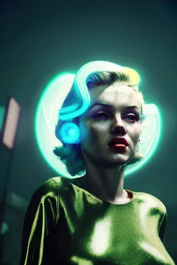 Ultra Realistic retro sci-fi scene, portrait, blonde woman, sweet young Marilyn Monroe face, perfect iris, glow eyes, makeup. Alien background, Retro sci-fi style helmet, tight latex coat, fog, rain, soft color, highly detailed, unreal engine 5, ray tracing, RTX, lumen lighting, ultra detail, volumetric lighting, 3d, finely drawn, high definition, high resolution.