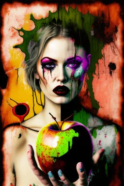 A surreal grunge messy and scratched painting style, eve is holding a rotten apple - not amused, Adam in background,ironic, surreal, abstract and striking