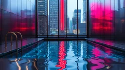 Indoor stainless‑steel pool, urban neon entering through a high window, liquid reflections shifting like coded signals.