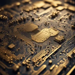 Hyper Realistic Grungy-Golden-Circuit-Board-Background with a proper depth-of-field