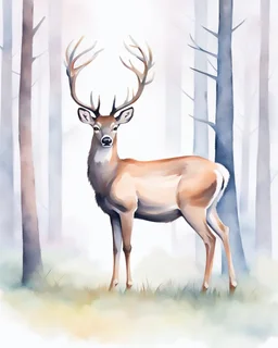 deer with antlers standing sideways, looking at viewer, realistic water color painted, among light colored tall simplified tree trunks, foggy, Easter Spring pastel colors, colorful, dark background