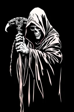hooded Grim-Reaper gripping a staff with both hands, vignette, black and white graphic novel style with a red outline on black background, extreme distortion and melding of shapes, gothic horror