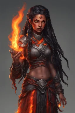 Paladin druid female made from fire . Hair is long and bright black some braids and it is on fire. Eyes are noticeably big and red and looks like fire. Make fire with hands . Has a big scar over whole face. Skin color is dark