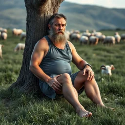 close up of a 40 year old Sardinian shepherd, sturdy, muscular and bulky, with short beard and big nose, relaxes sitting leaning against a tree in the middle of a meadow full of grazing sheep, dressed in a tank top and shorts, strong and muscular legs, bare feet, photorealistic bucolic scene,
