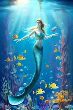 underwater scene, a mermaid, beautiful colors, fish, very fine detail, high quality, mystical, intricate, Impressionism, soft lighting, dream like,