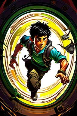gimme a book cover photo which a boy 11 year old with dark hair has the timex stopped watch on wrist and he is jumping into a portal