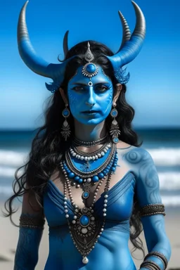 A photo of a blue skin Hindu goddess with painted blue skin, wavy black hair deer antlers standing on a sunny beach