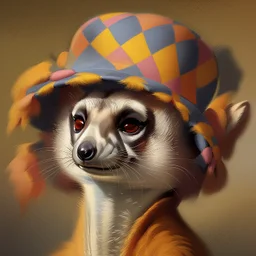 Imagine an anthropomorphic meerkat with a harlequin hat ,by Judith Leyster. in the style of August Macke, John Blanche. Modifiers: oil on canvas vibrant imperial colors hyperrealistic ultra detailed crisp quality whimsical muted colors Decadent 64K, UHD, HDR, HQ anthropomorphic face dark, gloomy, mysterious ©Miwi metallic bronze accents