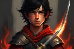 um garoto anime aparência 16 anos na era medieval um cabelo preto olho esquerdo ,olho direito vermelho com uma espada preta e poderes de fogo usando uma capa preta e uma roupa preta com detalhes vermelhos