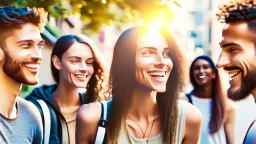 four happy people discussing health and wellness on a street, close up, bokeh