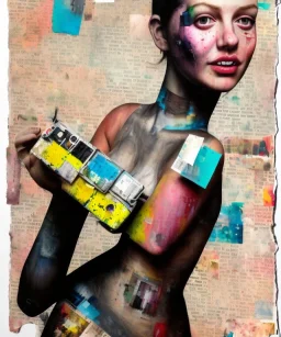 happy beautiful girl holding big proffesional camera in studio. street art, oil on canvas, spray paint, collage, letters, newspapeers, Dave McKean, Vladimir Fedotko, Saturno Butto, Vaughn Bodé, Frank Wu, James C. Christensen, collage, dirty, paint dripping, radiant