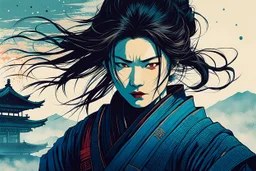 create an imaginative print illustration of an ethereal, otherworldly gaunt and withered ancient female ronin samurai vampire , in the style of Hasui Kawase , Shiro Kasamatsu combined with the graphic novel style of Bill Sienkiewicz, with highly detailed feminine facial features