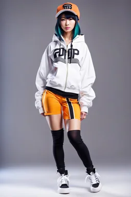 a cute full body shot of anime adult lady wearing hip hop dance clothes standing