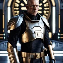 star wars bald male corellian pilot wearing pearlescent black and gunmetal grey First Order special forces heavy assault armor and helmet with gold trim inside the jedi temple, centered portrait, hyperdetailed, dynamic lighting, hyperdetailed background, 8k resolution, volumetric lighting, light skin, fully symmetric details