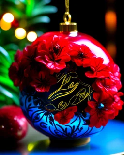 Christmas scene, with a bright blue Christmas ornament with the inscription ((("Alvaro"))) ((("Felíz Navidad"))). The ornament radiates light and stands out brightly among a vibrant arrangement of red poinsettias, clusters of red berries, and pine branches. Warm and welcoming atmosphere, with a background that combines golden and dark tones. The artwork captures the essence of the Christmas season.