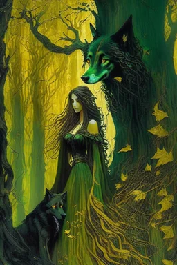 In the heart of a dense and enigmatic forest with towering ancient trees cloaked in emerald, yellow and amber foliage stands an ethereal beauty, her face is perfect, her lustrous hair cascading in ebony waves down to her slender waist she is slowly turning into a tree herself in the background just the crimson eyes of a large demonic dog are visible