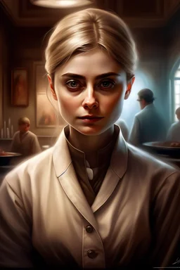 a highly detailed epic cinematic concept art CG render digital painting artwork costume design: Audrey Hepburn as a beautiful pale young Indian doctors with wavy blonde hair, hazel eyes and narrow chin wearing lab coat in the style of Francis Bacon's portrait Syd Meadier.. photo still from movie by denis villeneuve :'the last supper ', 35