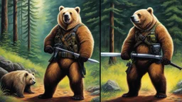 [art by Joe Jusko] (Very stinky) 5.11 RUSH12 pack (this was circa August 2020 so it's even dingier and stinkier now): (Left) Silky Katanaboy 500 in scabbard (Right) Gerber E-Tool (in pouch), new tripod for phone camera (next to it) Obligatory bear bell (for dog-poopers, not so much bears)