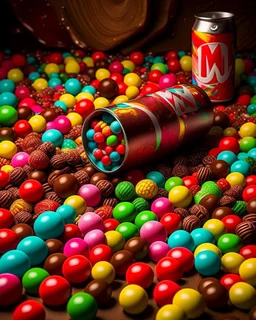 An image of several colored soda cans at the bottom of the image, with M&M chocolates spilling out of them, and the space is filled with color and chocolate chips in a soda-like atmosphere and happy, beautiful colors.