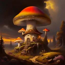 A rustic white, orange and yellow (((mushroom house))) perched atop a (tall geologic pillar), surrounded by a ((( rainbow haze ))), offset by the subtle hues of an (dark space scape), within. captured by the hand a skilled master painter with a focus on (hard bold compositions and voluminous lighting).detailed matte painting, deep color, fantastical, intricate detail, splash screen, exaggerated colors, fantasy concept art, 8k resolution