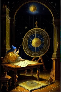 59. astrologer draws a star map, antique interior, baroque, night, moon is shining, planets