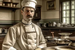 ww1 cook talking close-up standing up looking to the camera, ww1 mansion kitchen background