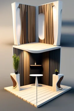 Corner exhibition stand in light colors with wood elements with two meeting areas