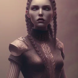 Wednesday with braids standing with her arms crossed, a character portrait, gothic art, goth, dark, antichrist hyper detail, octane render, unreal engine 5, photorealistic, 8k resulation