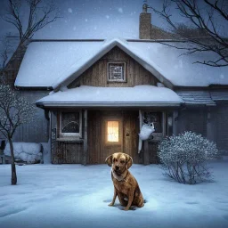 portrait of sad, scared, lonely dog tied to a short leash in front of house, winter, 8k resolution, high-quality, fine-detail, intricate, digital art, detailed matte, volumetric lighting, illustration, 3D octane render, brian froud, howard lyon, selina french, anna dittmann, annie stokes, lisa parker, greg rutowski