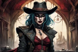 highly detailed concept illustration of an alternate reality Wild West female vampire anti heroine bounty hunter in an abandoned saloon ,maximalist, sharp focus, finely detailed facial features, highest resolution, in the styles of Alex Pardee, Denis Forkas , and Masahiro Ito, boldly inked, 8k, coarse, gritty textures