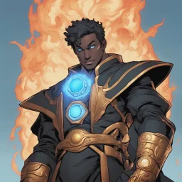 A commander in matte black robes with flaming eyes with grin with flaming light blue pupils stands atop a squire Two infinity gauntlets contain six infinity stones, one of which is made with nano In the hands of a powerful man walking While standing on a majestic height from afar