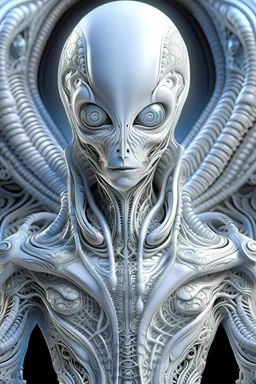 A beautiful alien with big eyes and small nose and mouth wearing a bioluminescense all white zafír wearing biomechanical amalgamation style leather jacket dress ribbed with silver floral metallic filigree biomechanical vantablack pattern, organic bio spinal ribbed detail of gothic winter backround extremely detailed maximalist hyperrealistic portrait art