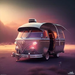 Modern Caravan, ultra realistic, intricate details, ultra highly detailed, shiny, smooth, studio quality, octane render, Surrealism, Triadic colour scheme,glow-stick, ambient lighting,nightclub lighting, polaroid, 100mm, --ar 1:1 --v4