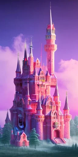 Ice cube shaped castle. pink houses, pink sky, pink smoke, trees, outdoors. street.