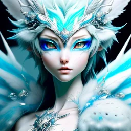 icy blue, anime,beautiful wolfed creature ,feathers , elve fae, majestic, ominous, ice, scales,frost on skin, dnd character portrait, intricate, oil on canvas, masterpiece, expert, insanely detailed, 4k resolution, retroanime style, cute big circular reflective eyes, cinematic smooth, intricate detail , soft smooth lighting, soft pastel colors, painted Rena