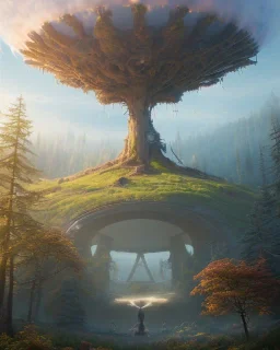 A Epic circular biomechanical fire ring portal, in middle of surreal hills, surrounded with beautiful cloud mist, huge trees with abnormal shape, oversized trees, art by Jordan Grimmer, high level of details