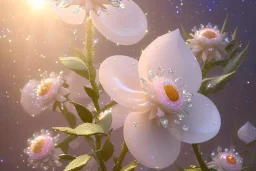  white and crystal subtle flower in a cosmic ambiance, transparent petals, delicate colors, in the foreground, full of details, smooth, bright sunshine，soft light atmosphere, light effect，vaporwave colorful, concept art, smooth, extremely sharp detail, finely tuned detail, ultra high definition, 8 k, unreal engine 5, ultra sharp focus