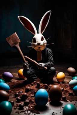 horror figure in rabbit mask sitting on the floor and shatters chocolate eggs with a big hammer, crepy, volumetric light, dark colors, surreal dark mood, cinematic