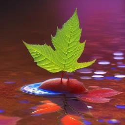 single leaf on water, vibrant colors, ultra realistic leaf, delicate foreground color, vibrant blue colors, Hi-def, 10k, unreal 5 engine, realistic texture, dramatic lighting, masterpiece, bokeh background, firefly background, depth of field, high contrast, leaf dew drops, still life, granular detail, strong directional light