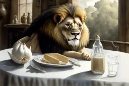 Lion sitting at a table. A staple of garlic bulbs on the table. Package of milk. Highly detailed, smooth colours, realistic landscape. Aquarell