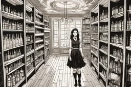 full-height shot of a young witch in a tight black short skirt, inside a large magic shop, shelving, bottles, windows