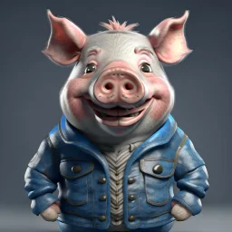 A north pole pig wearing a jean jacket with smile face, realistic render