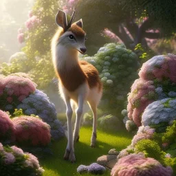 pixar style, volumetric summer garden environment and background, realistic painting of gazelle, looking excited, volumetric lighting, dramatic lighting, detailed digital painting, extreme dense and fine fur, anime, ornate, colour-washed colors, elegant, small minutiae, tiny features, particulars, centered, smooth, sharp focus, renderman gofur render, 8k, uhd, detailed eyes, realistic shaded volumetric lighting, sunlight caustics, backlight, centered camera view